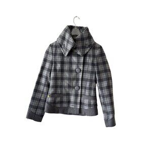 Soia & Kyo Fiona Grey Tartan Plaid Plaid Wool Jacket With Large Collar XS CLssic